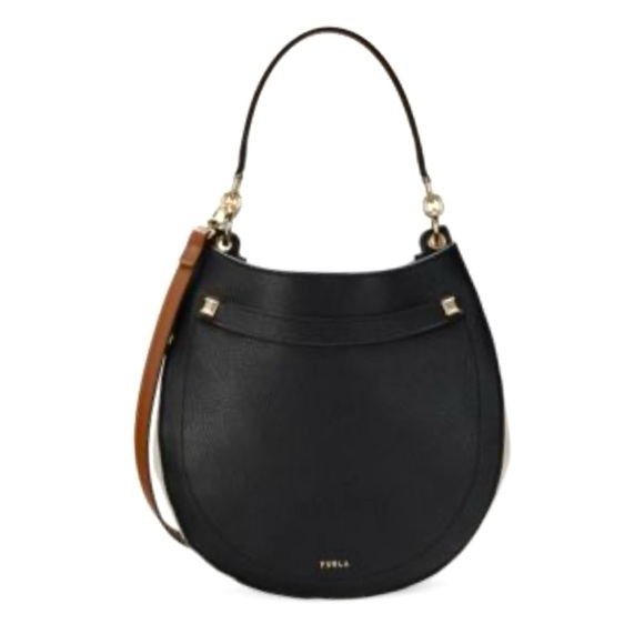 Furla Handbags - Furla Afrodite Black & Whiskey Leather Hobo Top Handle Crossbody Bag